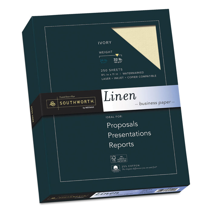 25% Cotton Linen Business Paper, 32 lb, 8.5 x 11, Ivory, 250/Pack