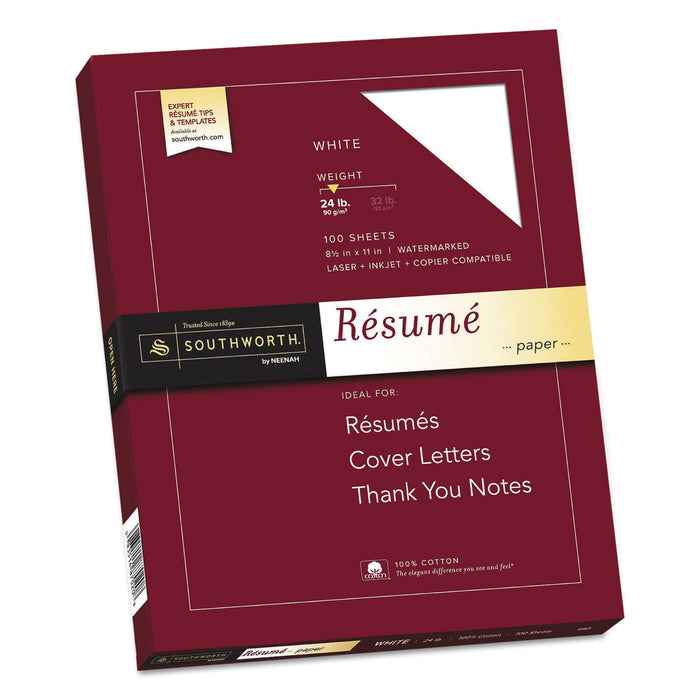 100% Cotton Resume Paper, 95 Bright, 24 lb, 8.5 x 11, White, 100/Pack