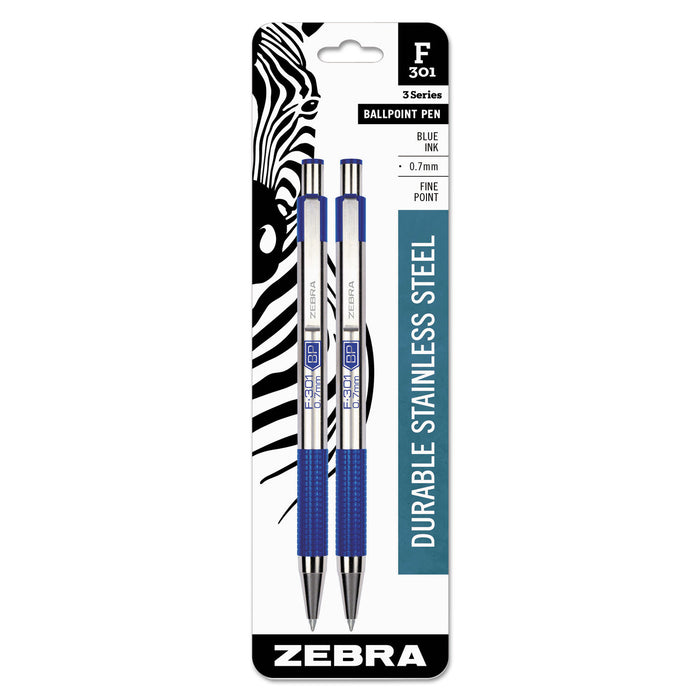 F-301 Retractable Ballpoint Pen, 0.7 mm, Blue Ink, Stainless Steel/Blue Barrel, 2/Pack