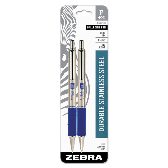 F-402 Retractable Ballpoint Pen, 0.7mm, Blue Ink, Stainless Steel/Blue Barrel, 2/Pack