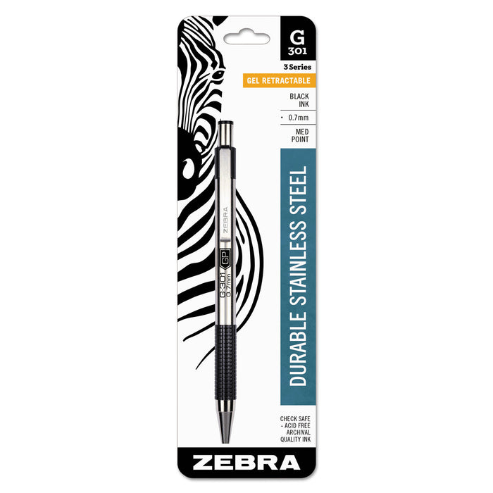 G-301 Retractable Gel Pen, Medium 0.7 mm, Black Ink, Stainless Steel/Black Barrel