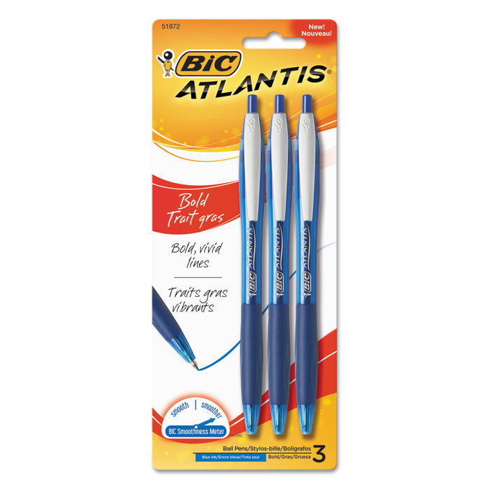 Atlantis Bold Retractable Ballpoint Pen, Bold 1.6mm, Blue Ink/Barrel, 3/Pack