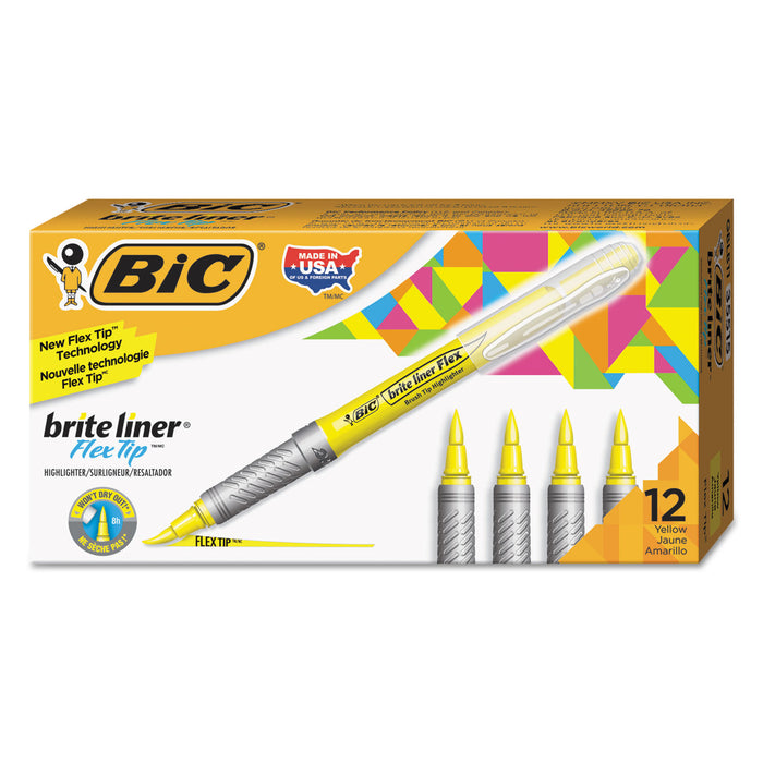 Brite Liner Flex Tip Highlighters, Brush Tip, Yellow, Dozen