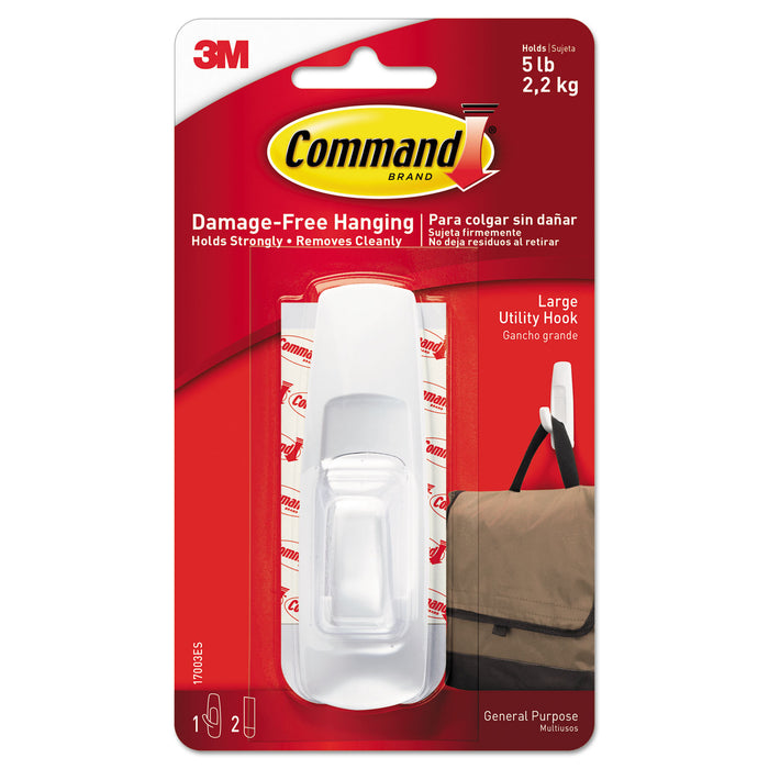 General Purpose Hooks, Large, 5 lb Cap, White, 1 Hook and 2 Strips/Pack