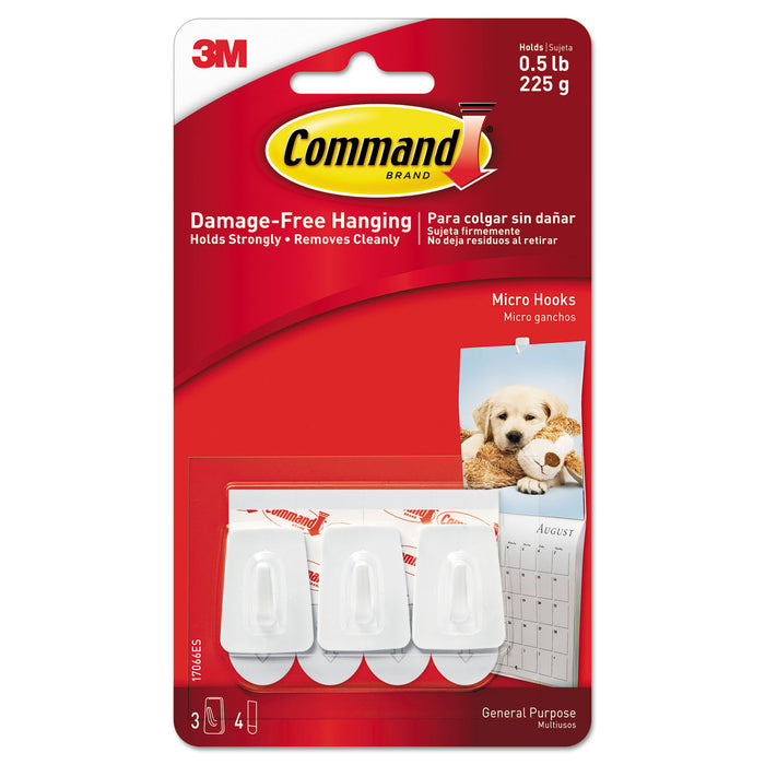 General Purpose Hooks, Micro, 0.5 lb Cap, White, 3 Hooks and 4 Strips/Pack