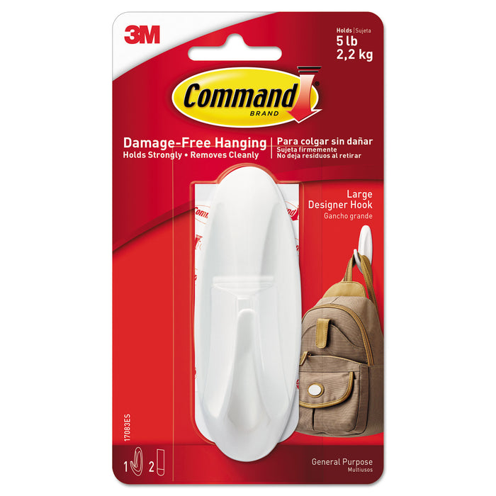 General Purpose Hooks, Large, 5 lb Cap, White, 1 Hook and 2 Strips/Pack