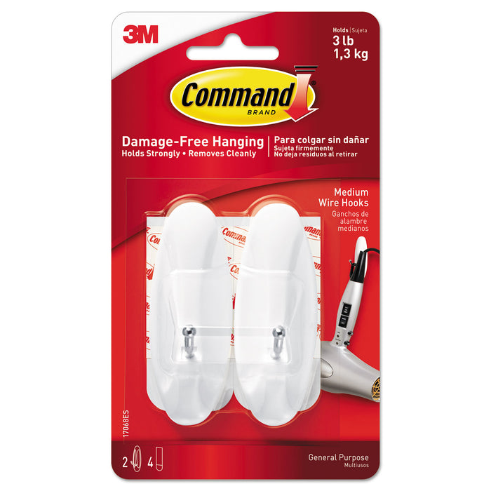 General Purpose Wire Hooks, Medium, 3 b Cap, White, 2 Hooks and 4 Strips/Pack