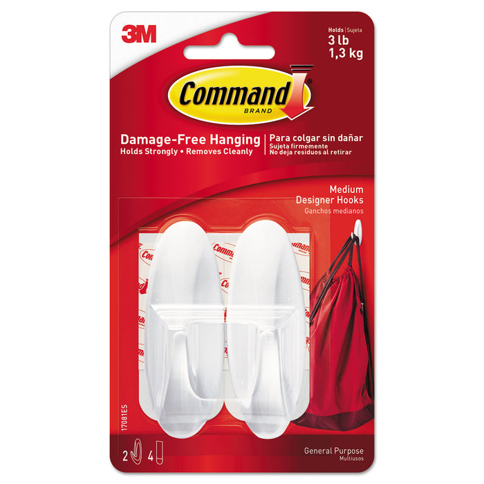 General Purpose Designer Hooks, Medium, 3 lb Cap, White, 2 Hooks and 4 Strips/Pack