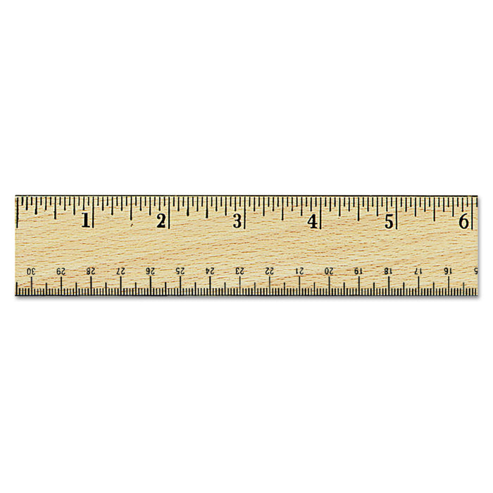 Flat Wood Ruler w/Double Metal Edge, 12", Clear Lacquer Finish