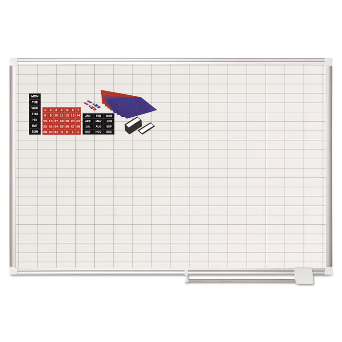 Grid Planning Board w/ Accessories, 1 x 2 Grid, 48 x 36, White/Silver