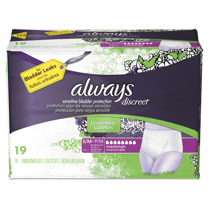 Discreet Incontinence Underwear, Small/Medium, Maximum Absorbency, 19/Pack, 3 Packs/Carton