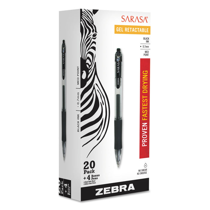 Sarasa Dry Gel X20 Retractable Gel Pen Value Pack, Medium 0.7mm, Black Ink, Smoke Barrel, 24/Box