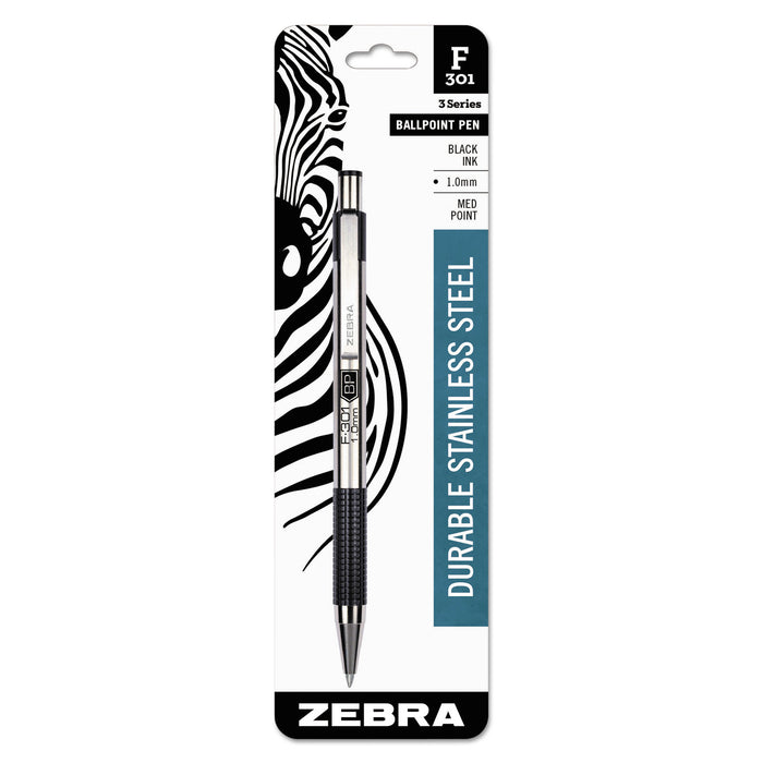 F-301 Retractable Ballpoint Pen, 1 mm, Black Ink, Stainless Steel/Black Barrel