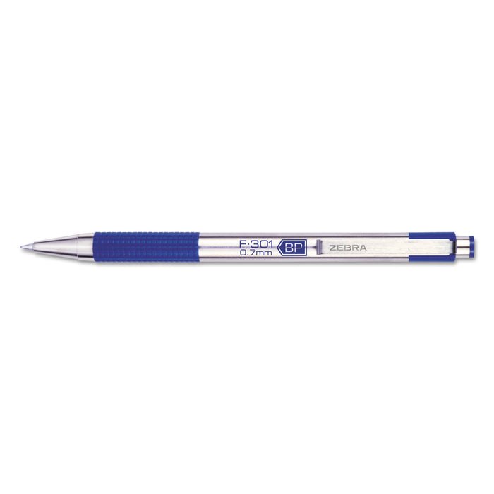 F-301 Retractable Ballpoint Pen, 0.7 mm, Blue Ink, Stainless Steel/Blue Barrel