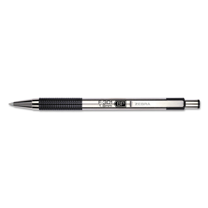 F-301 Retractable Ballpoint Pen, 1.6 mm, Black Ink, Stainless Steel/Black Barrel, Dozen