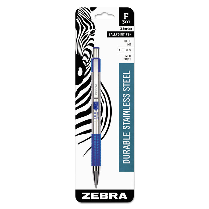 F-301 Retractable Ballpoint Pen, 1 mm, Blue Ink, Stainless Steel/Blue Barrel