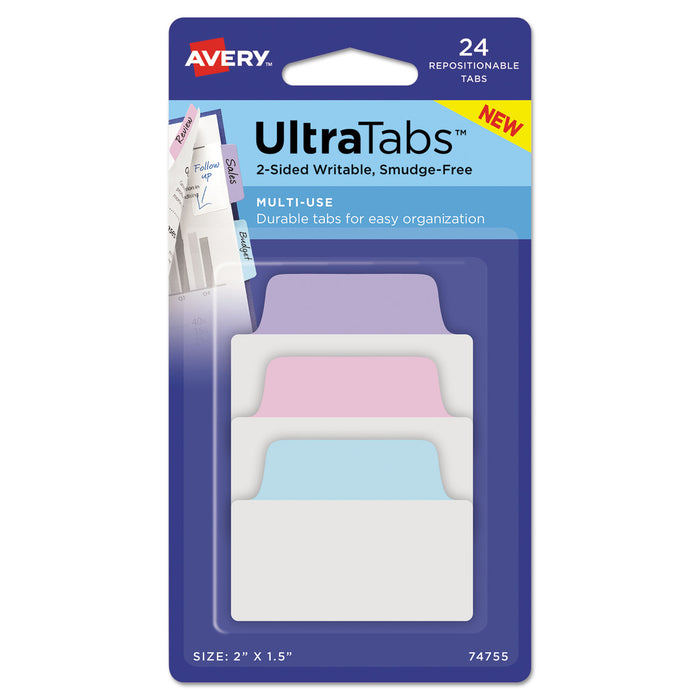 Ultra Tabs Repositionable Standard Tabs, 1/5-Cut Tabs, Assorted Pastels, 2" Wide, 24/Pack