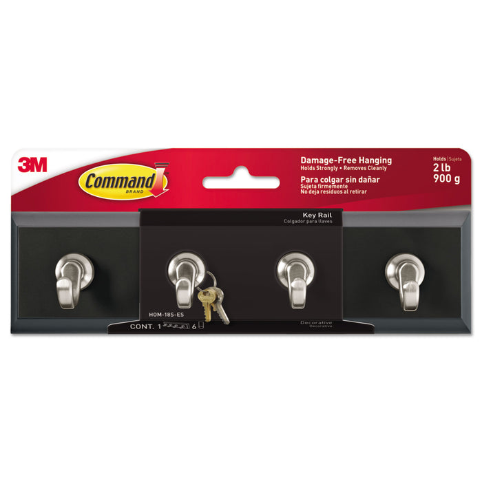 Decorative Key Rail, 8w x 1 1/2d x 2 1/8h, Black/Silver, 4 Hooks/Pack