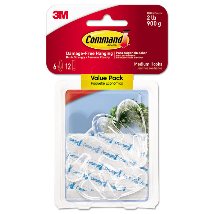 Clear Hooks and Strips, Plastic, Medium, 6 Hooks and 12 Strips/Pack