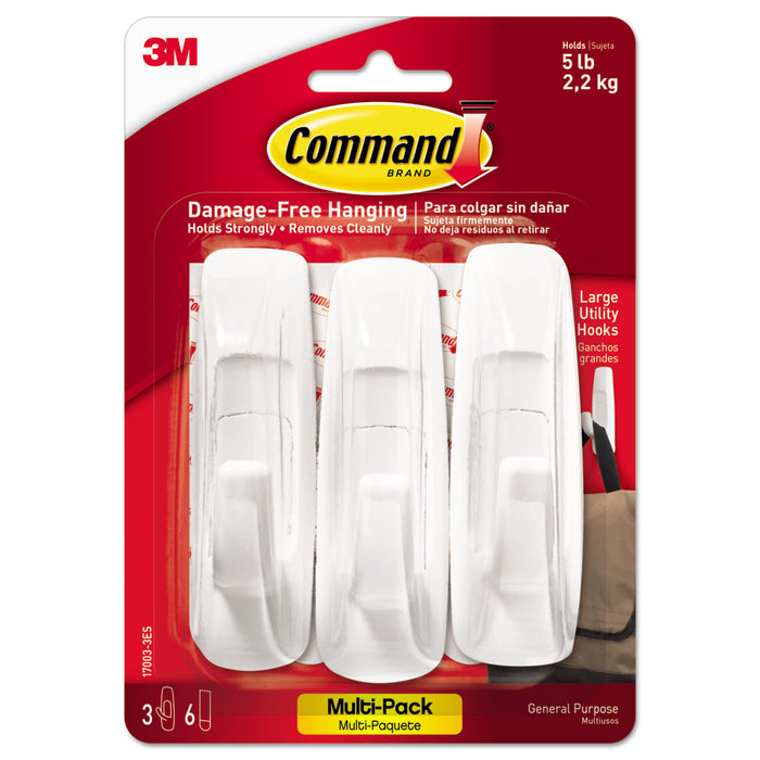 General Purpose Hooks Multi-Pack, Large, 5 lb Cap, White, 3 Hooks and 6 Strips/Pack