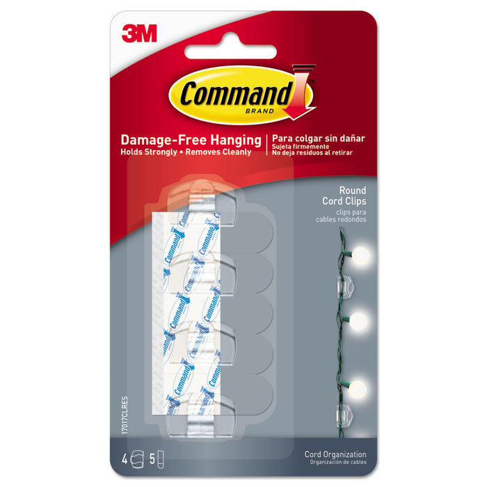Cord Clip, Round, with Adhesive, 0.75"w, Clear, 4/Pack