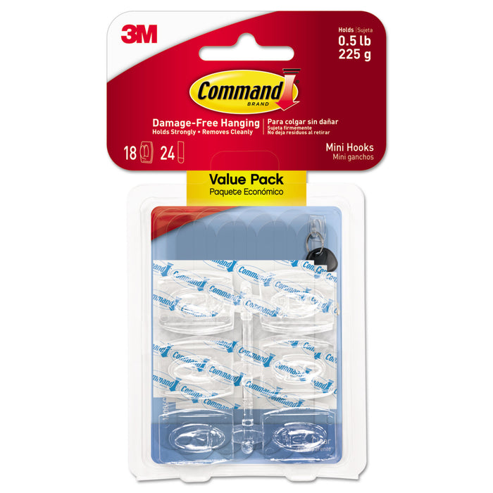 Clear Hooks and Strips, Plastic, Mini, 18 Hooks and 24 Strips/Pack