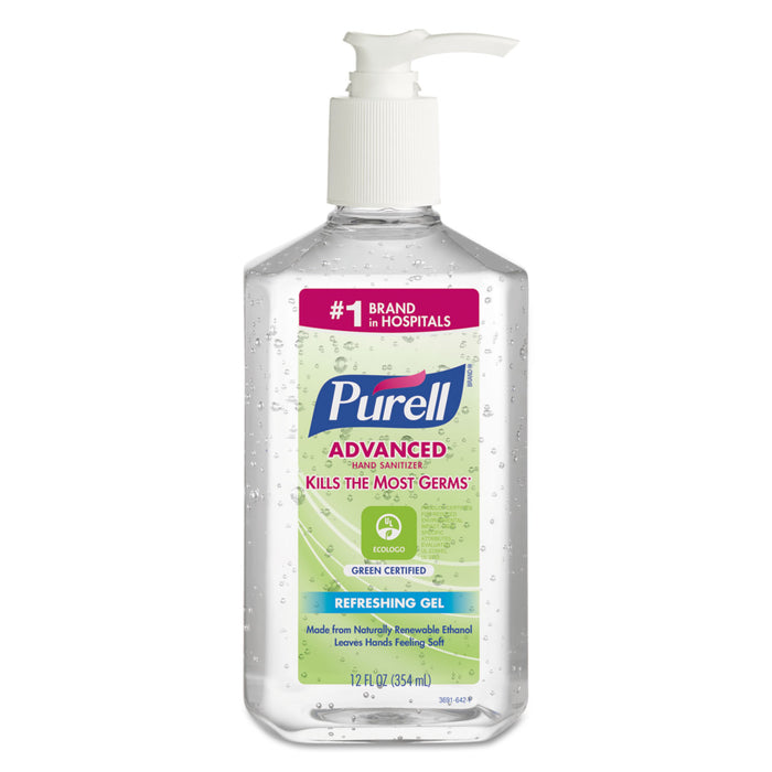 Green Certified Advanced Gel Hand Sanitizer, Fragrance-Free, 12 oz Pump Bottle, 12/Carton