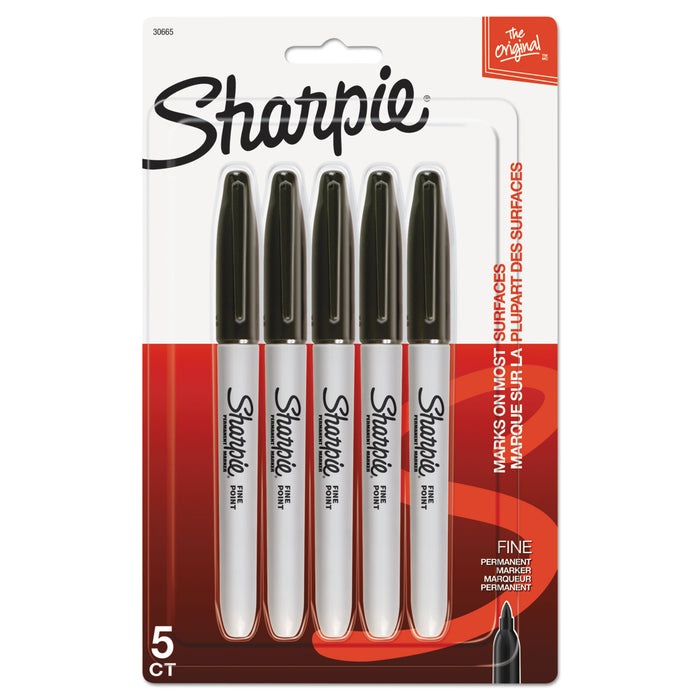 Fine Tip Permanent Marker, Black, 5/Pack