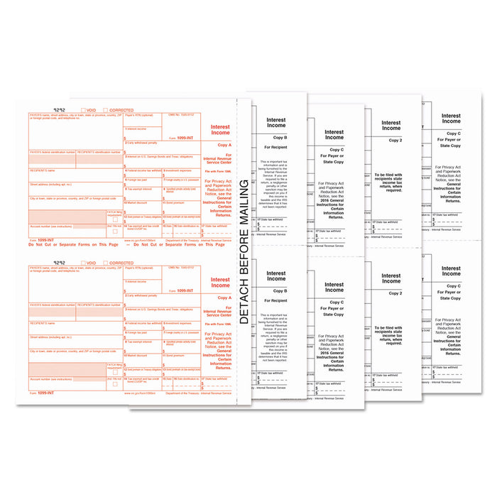 1099-INT Tax Forms, 5-Part, 5 1/2 x 8, Inkjet/Laser, 24/Pack