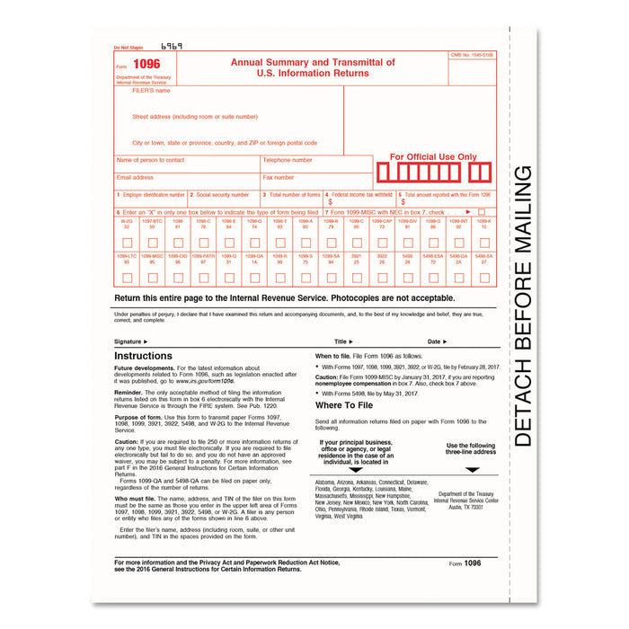 1096 Summary Transmittal Tax Forms, 8 x 11, Inkjet/Laser, 50 Forms