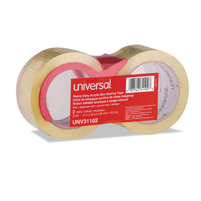 Heavy-Duty Acrylic Box Sealing Tape with Dispenser, 3" Core, 1.88" x 54.6 yds, Clear, 2/Pack