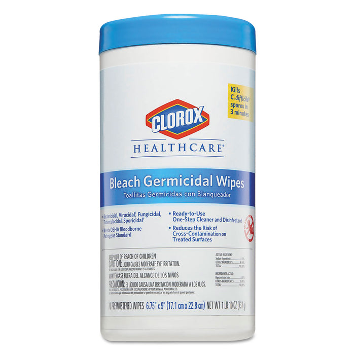 Bleach Germicidal Wipes, 6 3/4 x 9, Unscented, 70/Canister