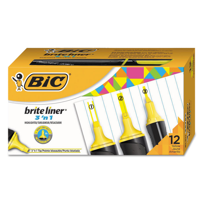 Brite Liner 3 'n 1 Highlighters, 3 'n 1 Chisel Tip, Yellow, Dozen