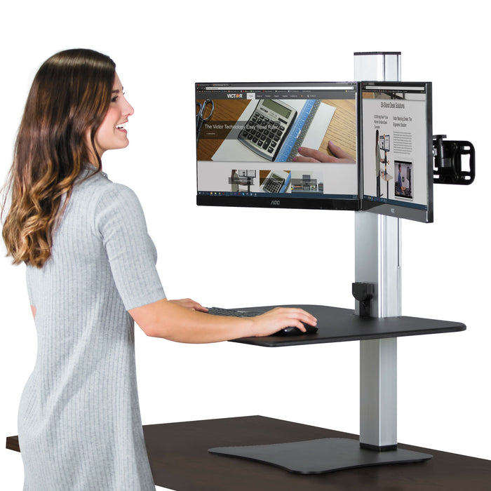 DC450 High Rise Electric Dual Monitor Standing Desk Workstation, 28w x 23d x 20.25h, Black/Aluminum