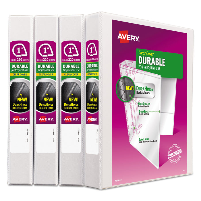 Durable View Binder with DuraHinge and Slant Rings, 3 Rings, 1" Capacity, 11 x 8.5, White, 4/Pack