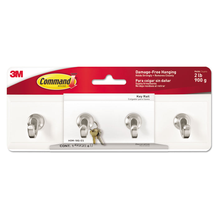 Decorative Key Rail, 8w x 1 1/2d x 2 1/8h White/Silver, 4 Hooks/Pack