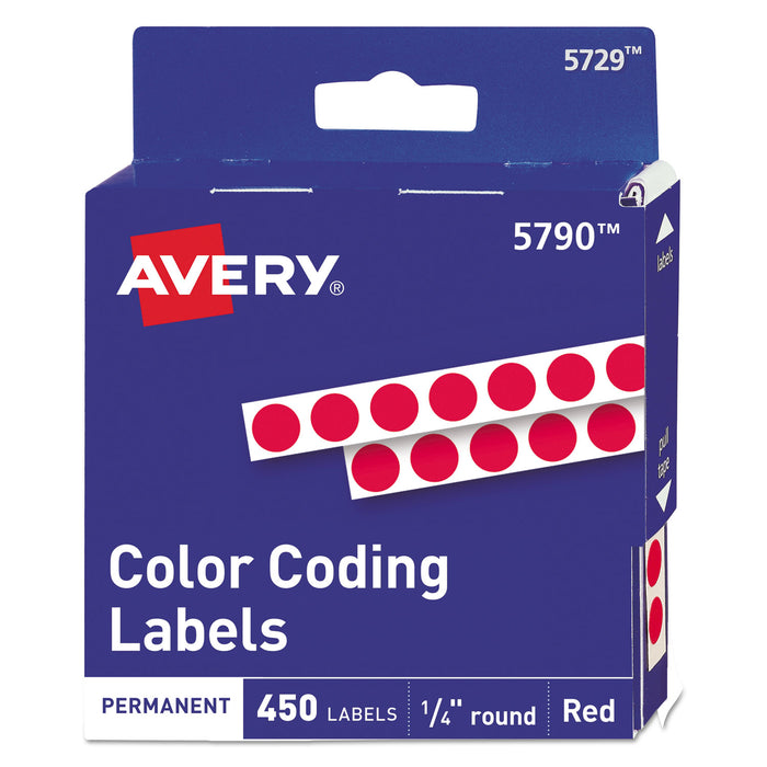 Handwrite-Only Self-Adhesive Removable Round Color-Coding Labels in Dispensers, 0.25" dia., Red, 450/Roll, (5790)