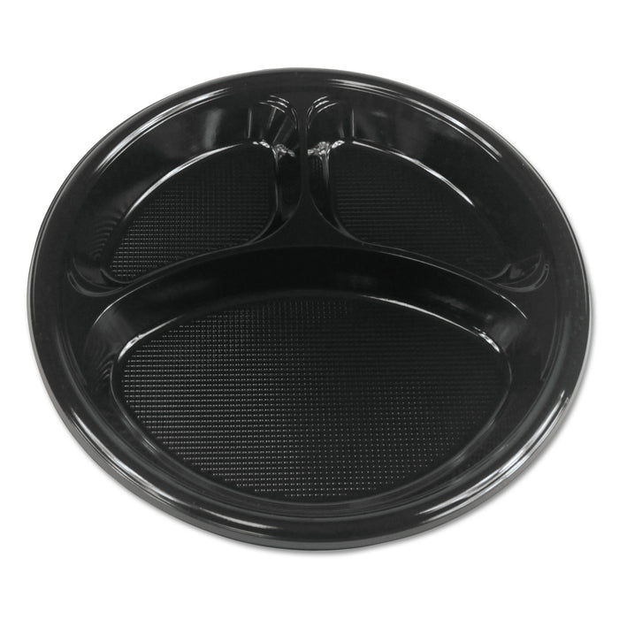 Hi-Impact Plastic Dinnerware, Plate, 10" Dia., 3 Compartments, Black, 500/Carton