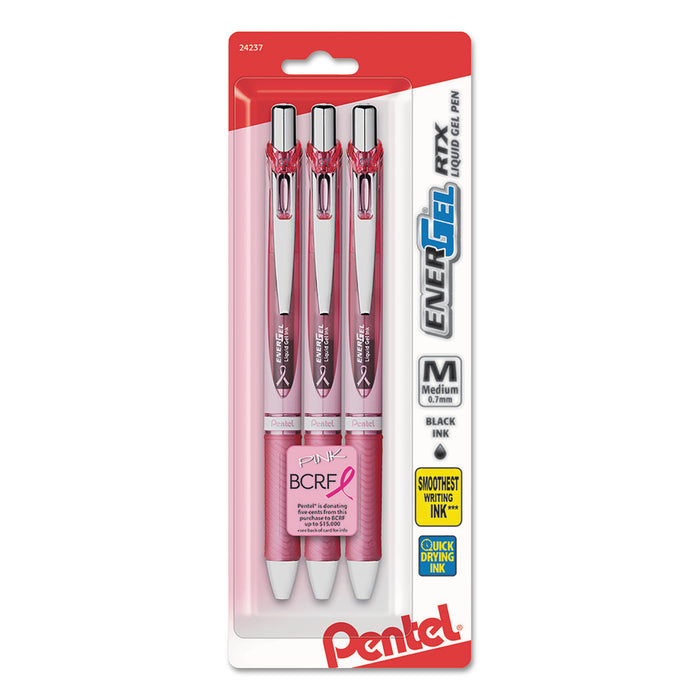EnerGel RTX Retractable Gel Pen, Medium 0.7 mm, Black Ink, Pink Barrel, 3/Pack