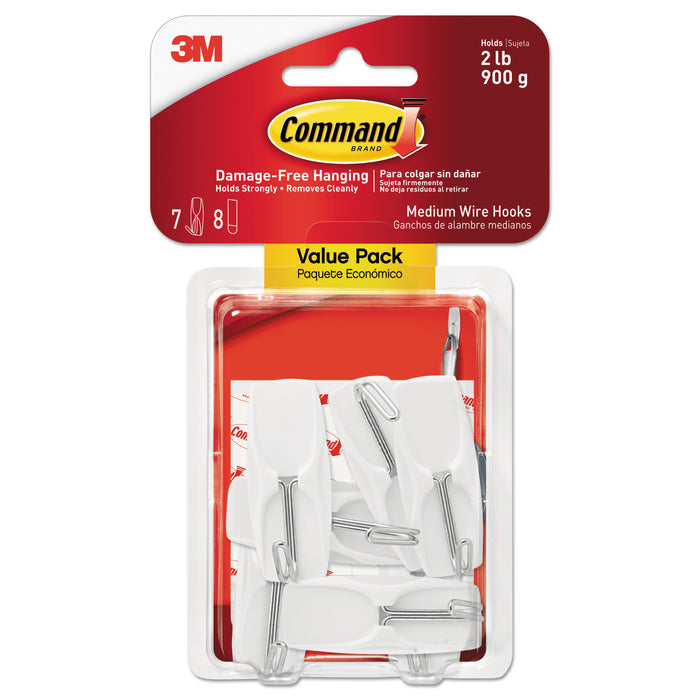 General Purpose Wire Hooks, Medium, 2 lb Cap, White, 7 Hooks and 8 Strips/Pack