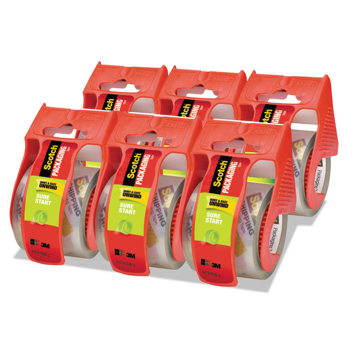 Sure Start Packaging Tape with Dispenser, 1.5" Core, 1.88" x 22.2 yds, Clear, 6/Pack