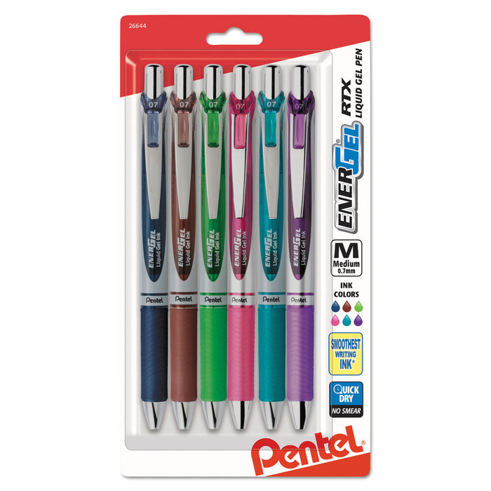EnerGel RTX Retractable Gel Pen, Medium 0.7 mm, Assorted Ink/Barrel, 6/Pack