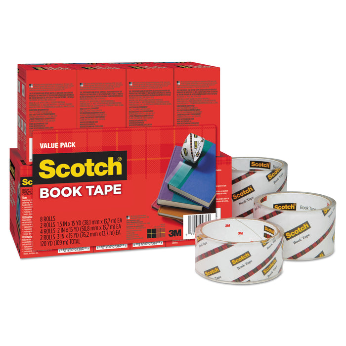 Book Tape Value Pack, 3" Core, (2) 1.5" x 15 yds, (4) 2" x 15 yds, (2) 3" x 15 yds, Clear, 8/Pack