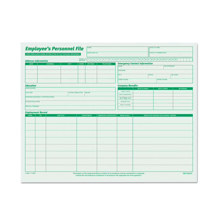 Employee's Record File Folders, Straight Tab, Letter Size, Green, 20/Pack