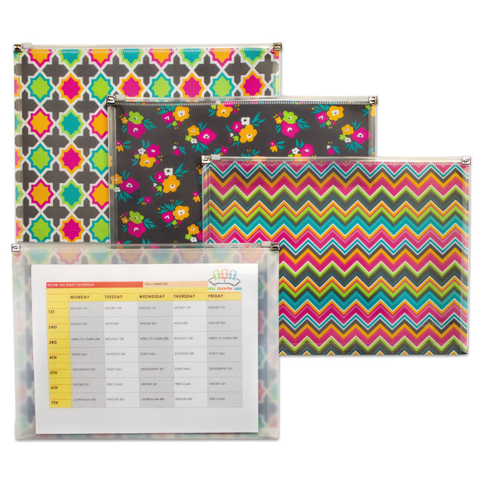 Fashion Zip 'N Go Reusable Envelope, 1 Section, 13.13" x 10", Assorted, 3/Pack
