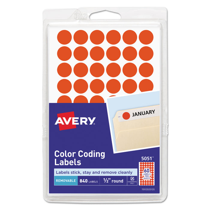 Handwrite Only Self-Adhesive Removable Round Color-Coding Labels, 0.5" dia., Neon Red, 60/Sheet, 14 Sheets/Pack, (5051)