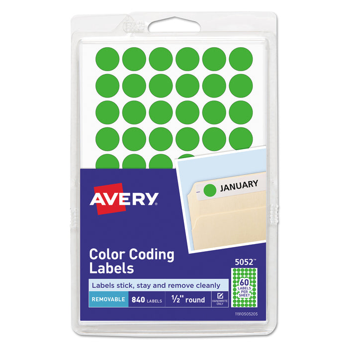 Handwrite Only Self-Adhesive Removable Round Color-Coding Labels, 0.5" dia., Neon Green, 60/Sheet, 14 Sheets/Pack, (5052)