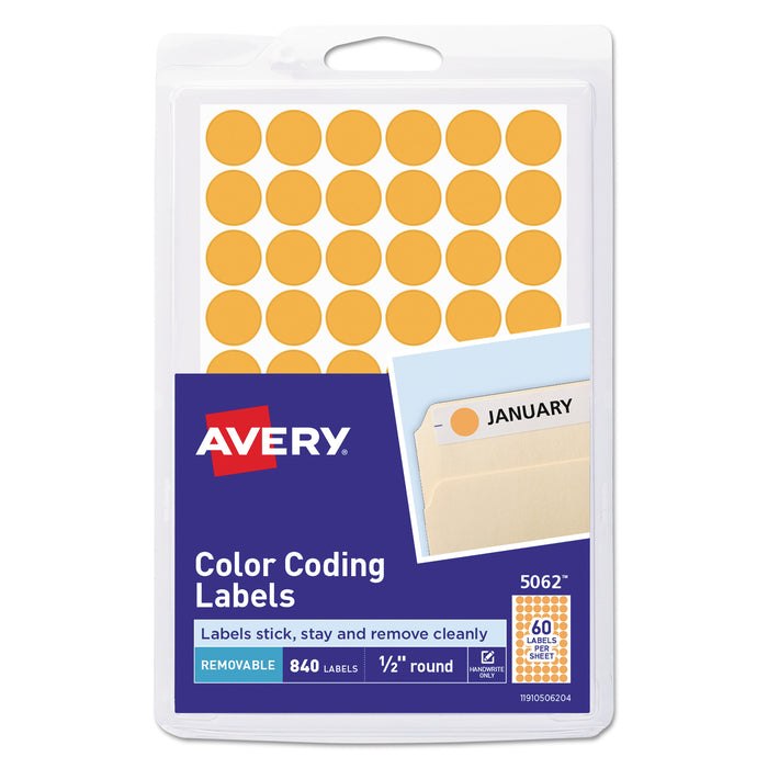 Handwrite Only Self-Adhesive Removable Round Color-Coding Labels, 0.5" dia., Neon Orange, 60/Sheet, 14 Sheets/Pack, (5062)