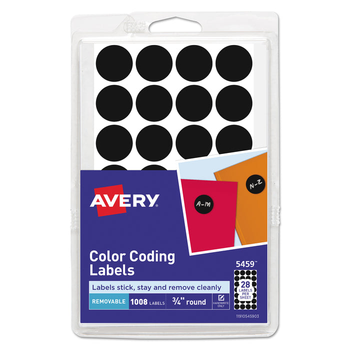 Handwrite Only Self-Adhesive Removable Round Color-Coding Labels, 0.75" dia., Black, 28/Sheet, 36 Sheets/Pack, (5459)