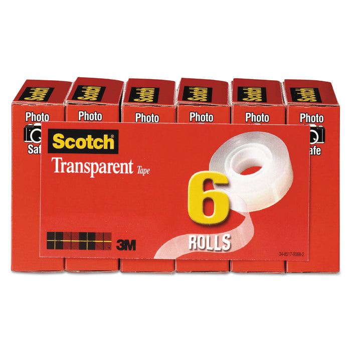 Transparent Tape, 1" Core, 0.75" x 36 yds, Transparent, 6/Pack